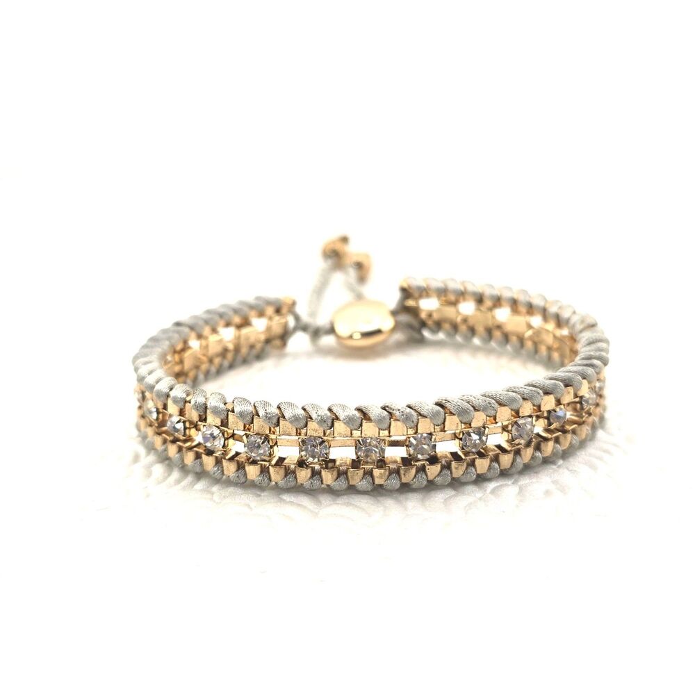 Rhinestone Cup Chain & Braided Cord Bracelet Gold Tone Prong Set Glass Crystals